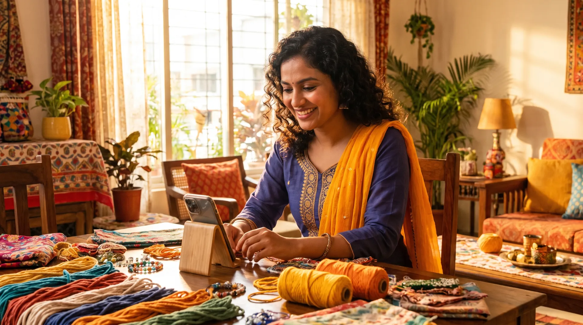 Woman learning a craft on her phone at home